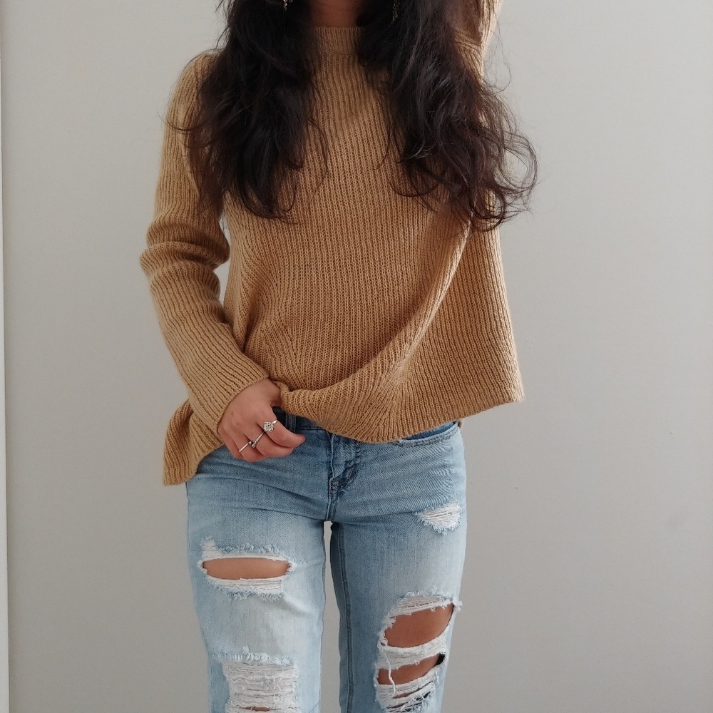 Camel Mock Neck Knit Sweater